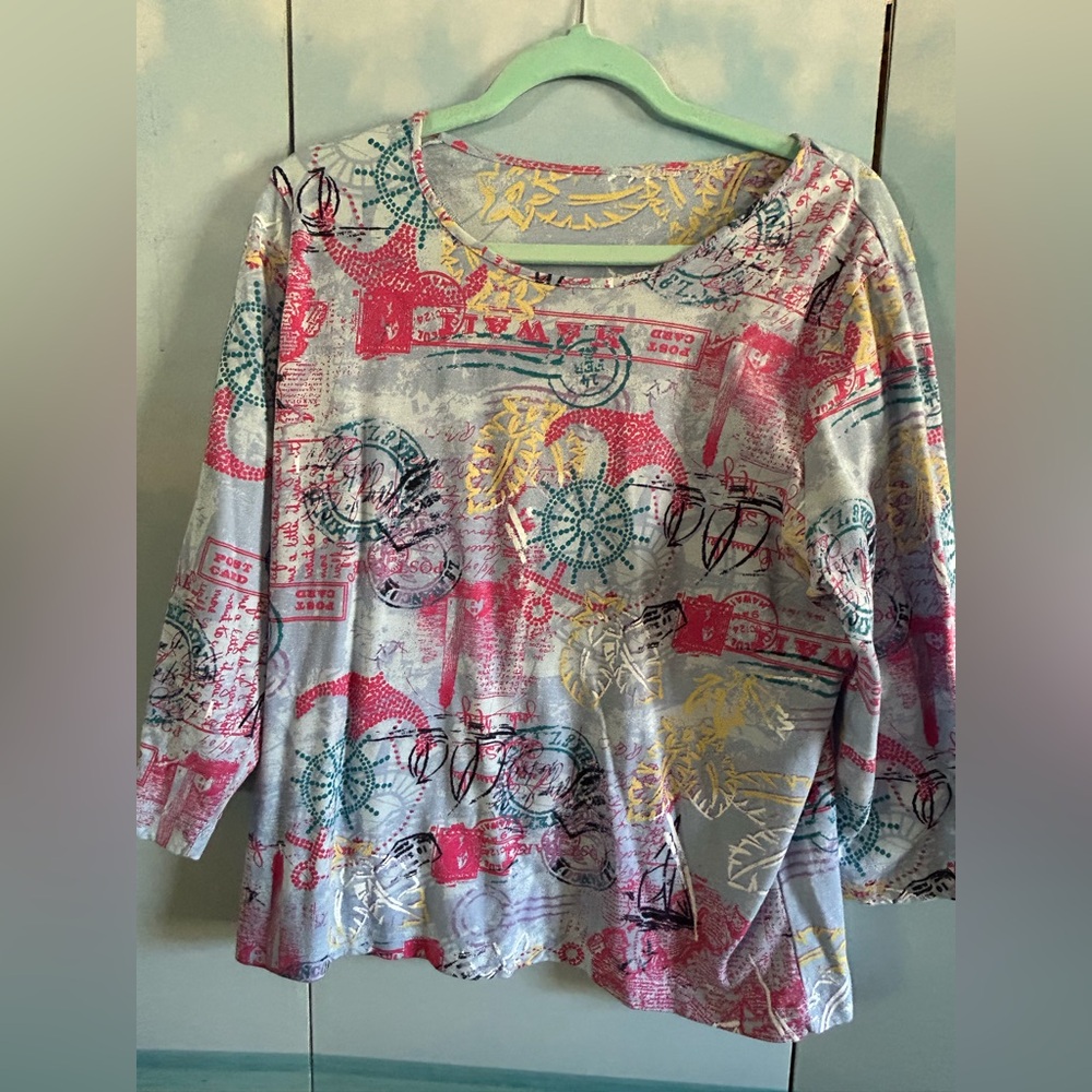 Pink and Green Graphic 3/4 Sleeve Blouse